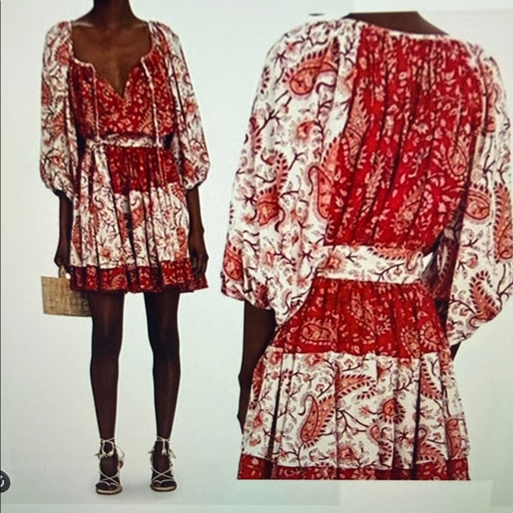 Charina Sarte Red Paisley Mini Dress with Puff Sleeves NWT